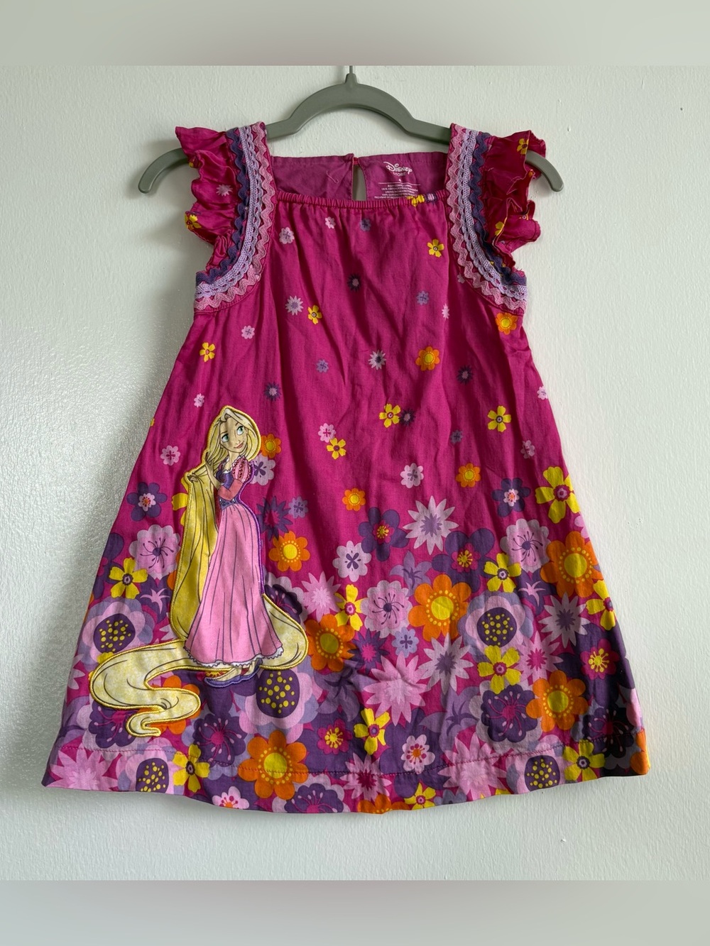 Disney Store Tangled Rapunzel Pink Purple Floral A-Line Dress Girls 4 Cotton